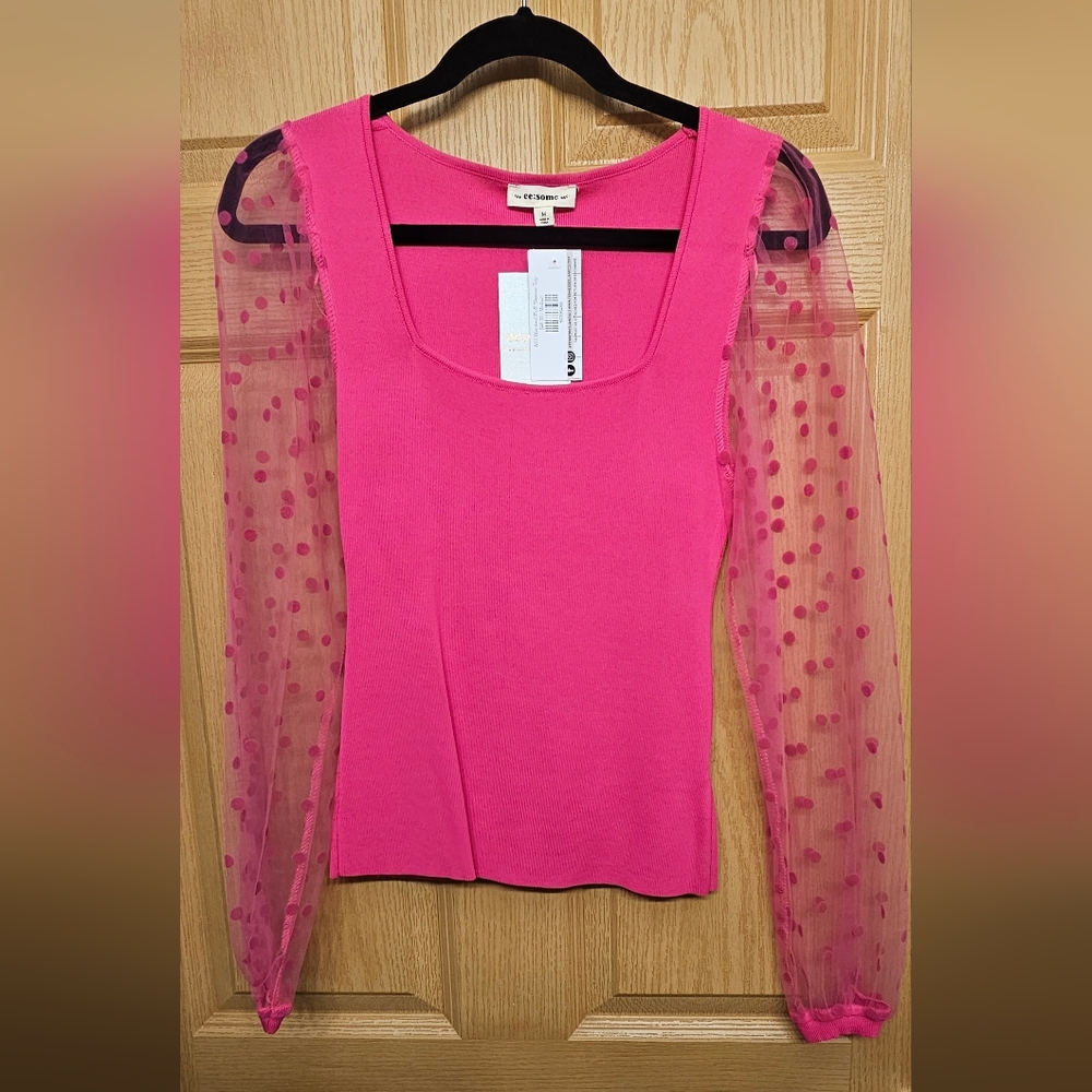 NWT Women’s Bright Pink Sheer Polka-Dot Sleeve Top